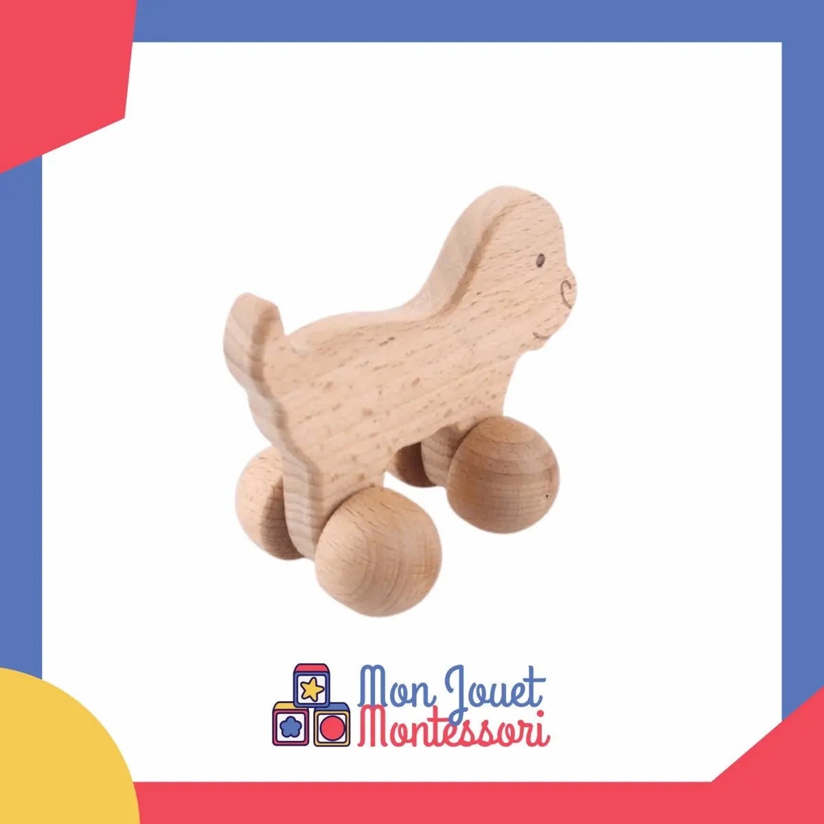 Détail des roulettes du hochet chien en bois