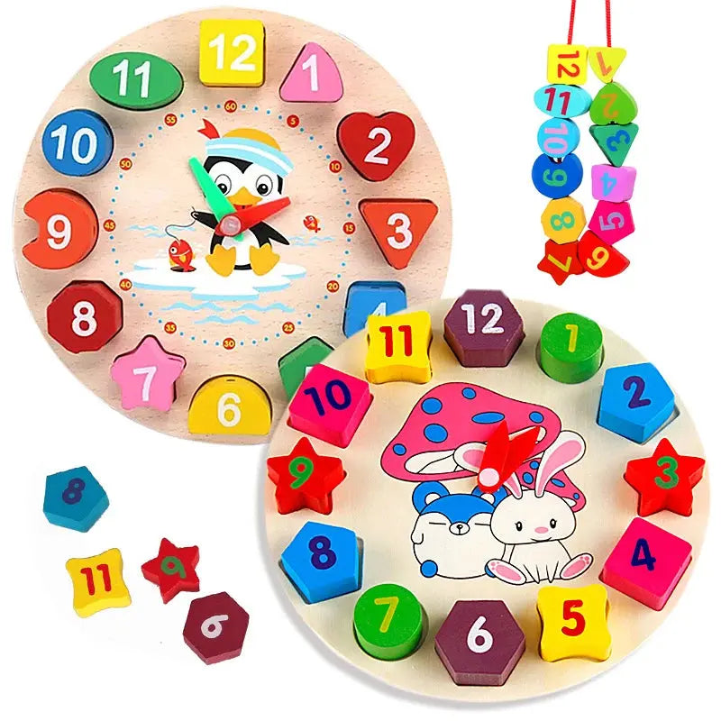 Horloge en bois colorée avec chiffres pour apprentissage de l'heure