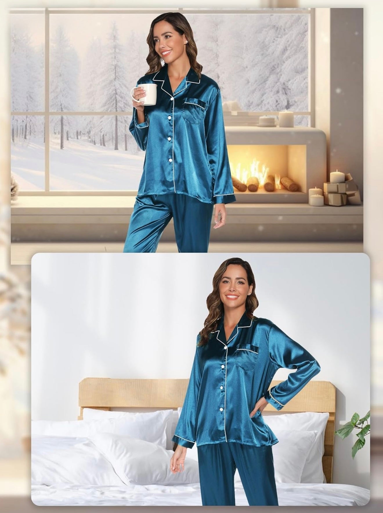 Femme allongée, pyjama en satin, confort visible
