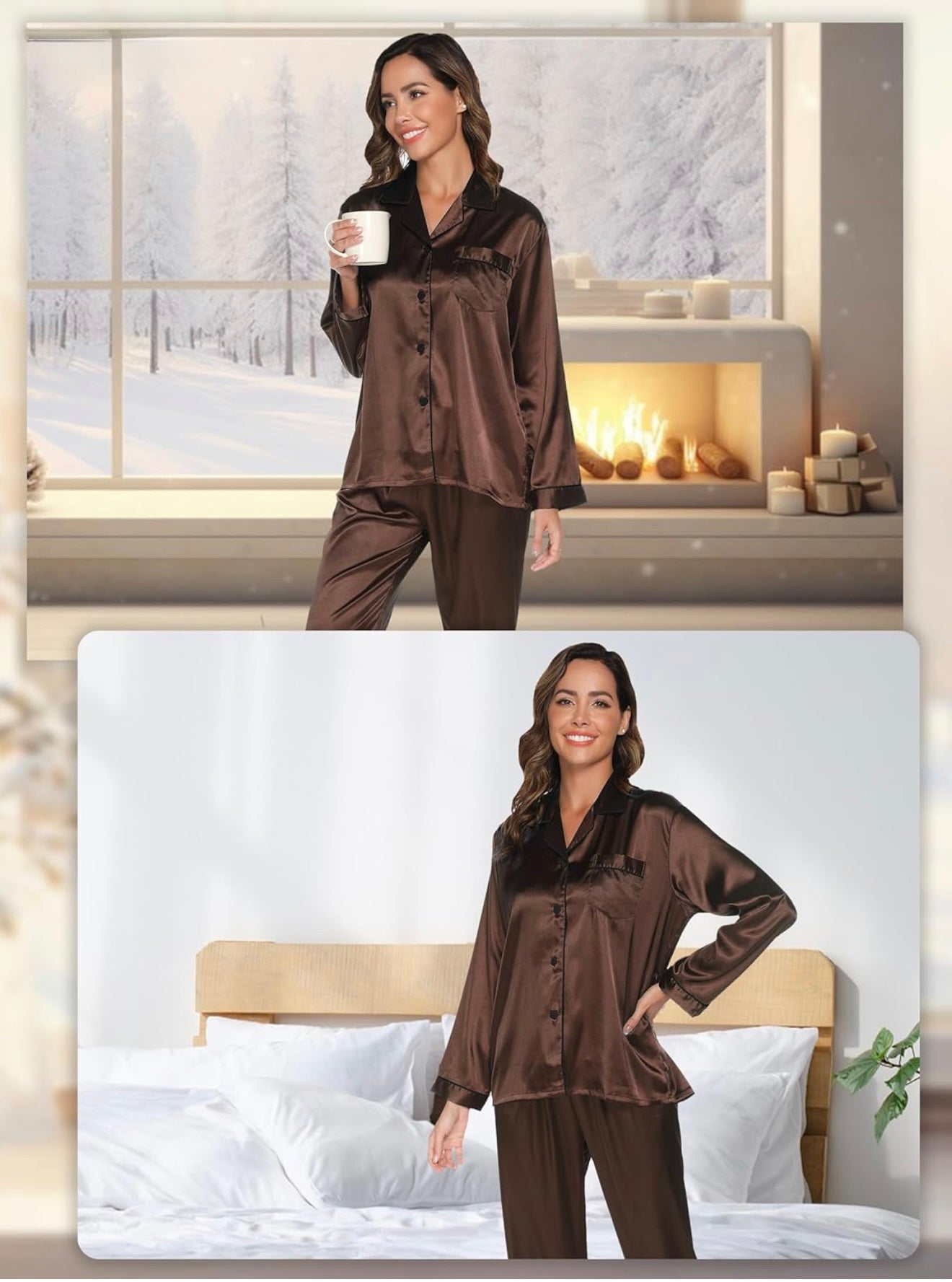 Femme portant le pyjama, ambiance calme et chic