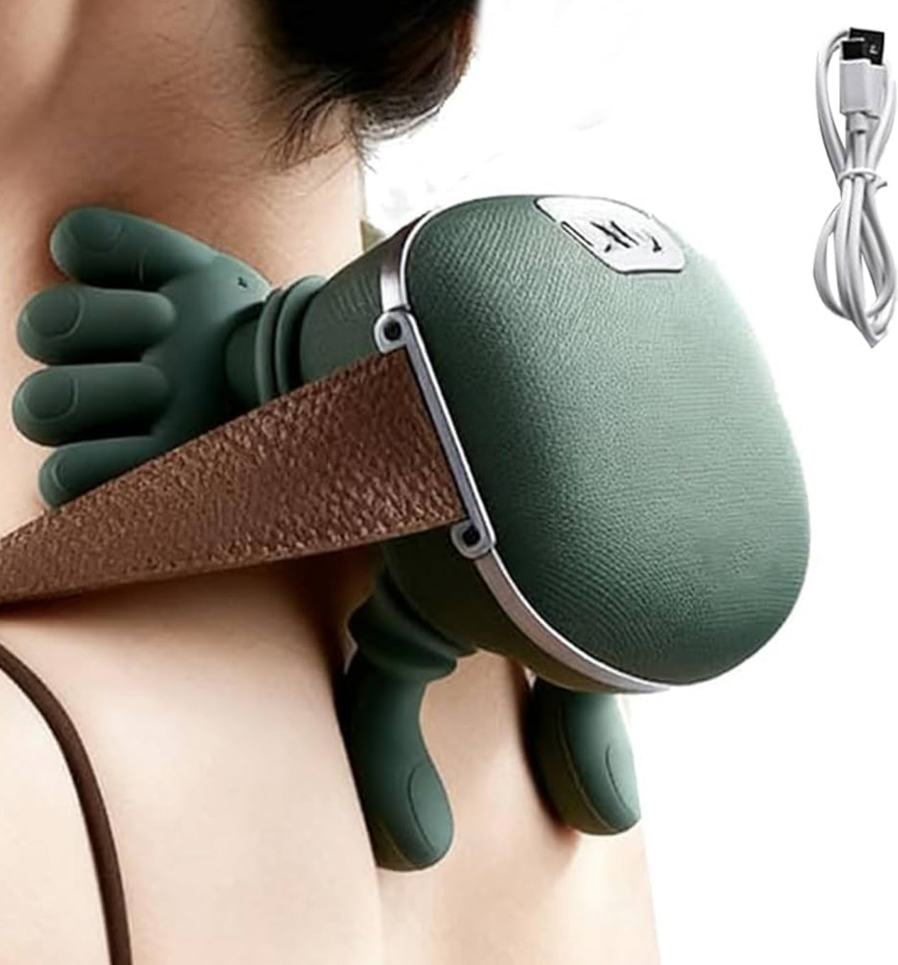 Vue de côté du masseur cervical montrant sa forme ergonomique