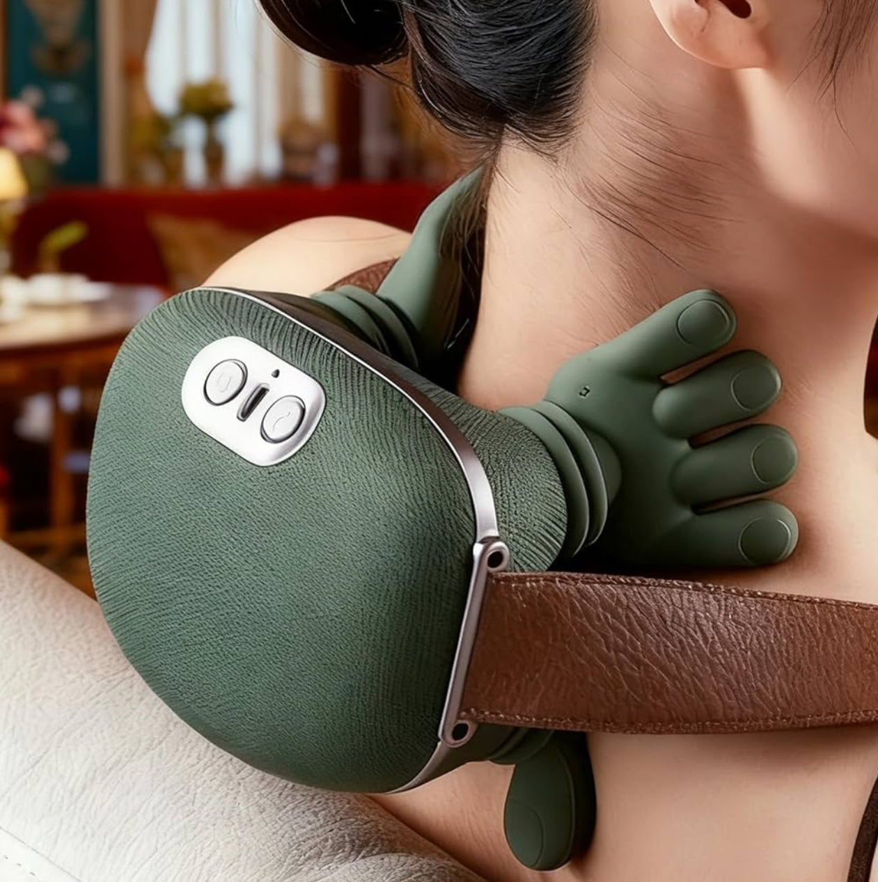 Personne utilisant le masseur cervical en position assise