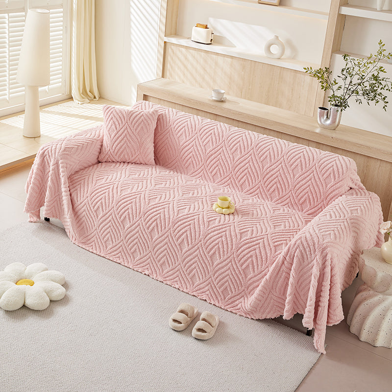 Jeté de canapé polaire rose avec motif de feuilles