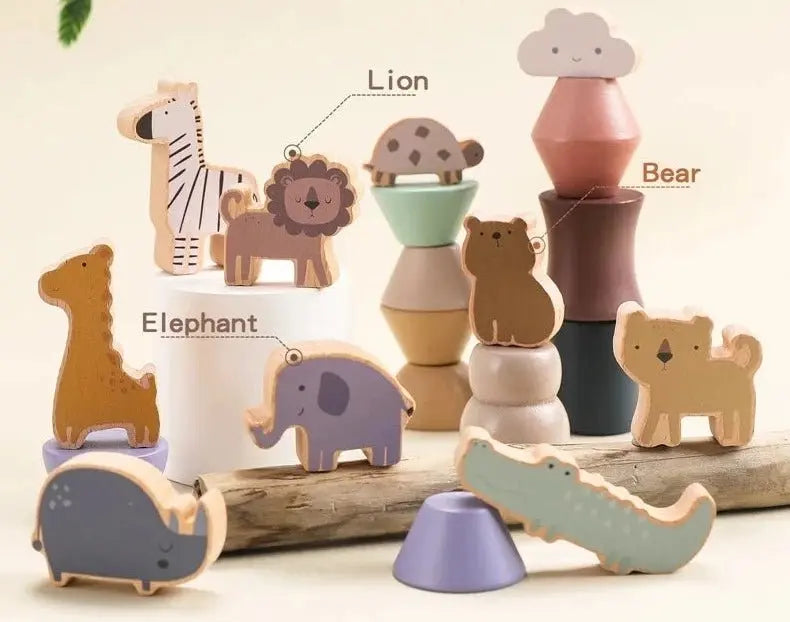 Ensemble de blocs animaux en bois montrant différentes formes