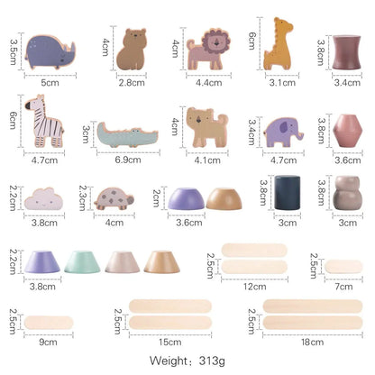Blocs animaux en bois colorés disposés en équilibre