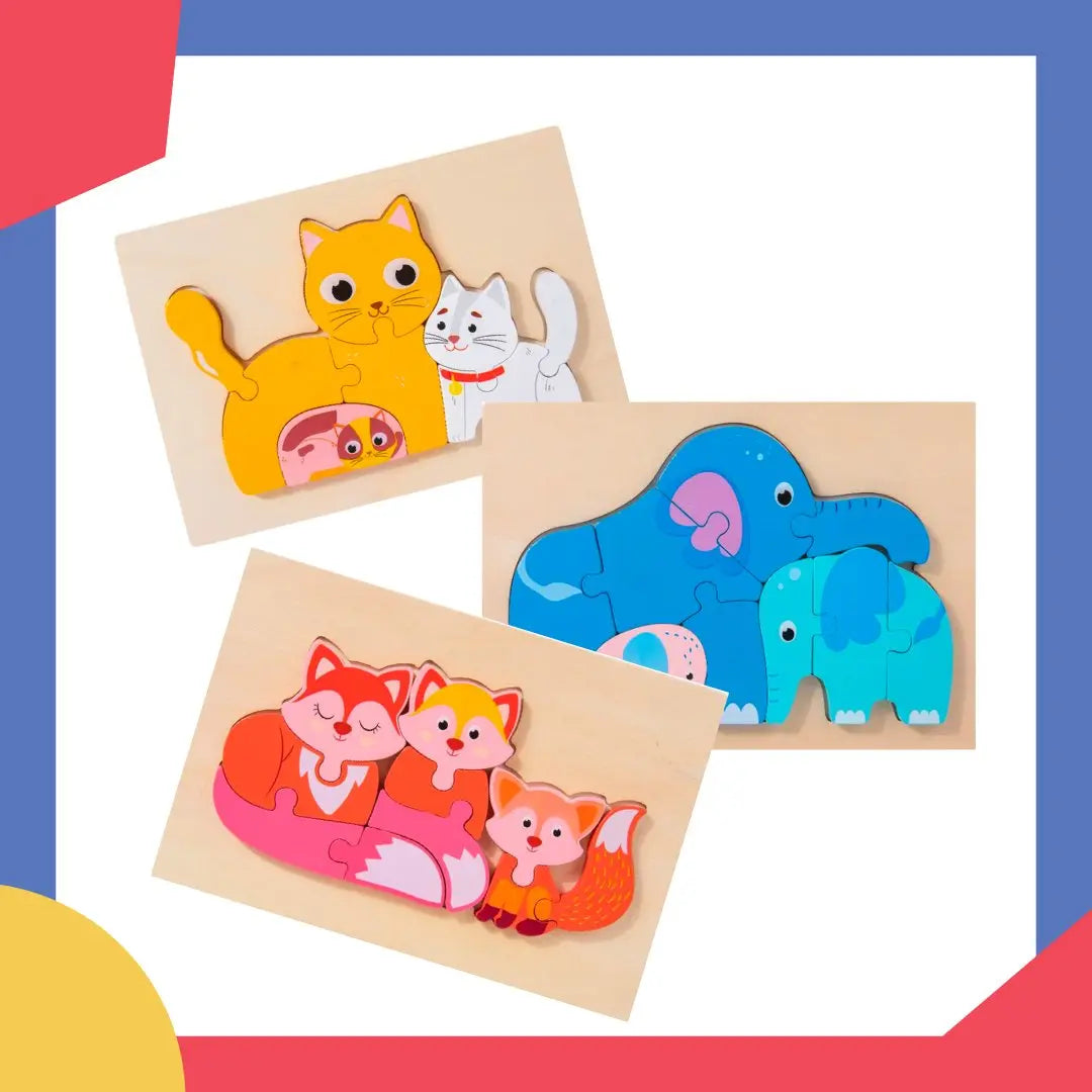 Puzzle en bois 3D chat et renard sur table