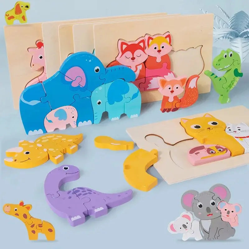 Puzzle en bois 3D avec pièces animales colorées