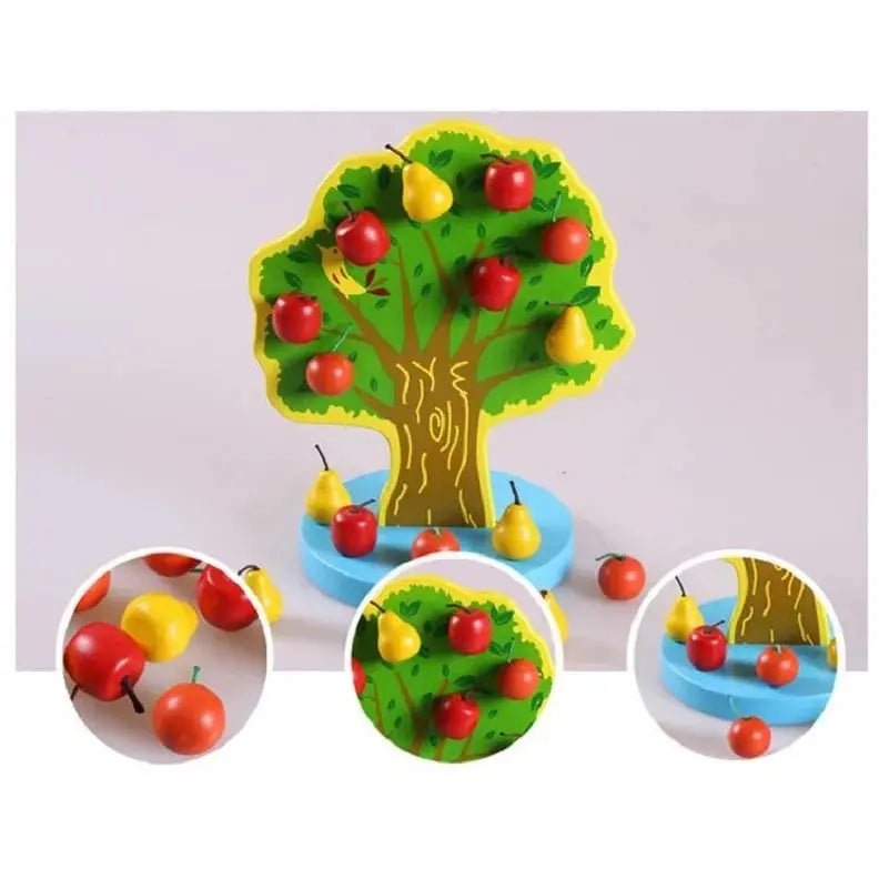 Arbre en bois avec chiffres et fruits colorés