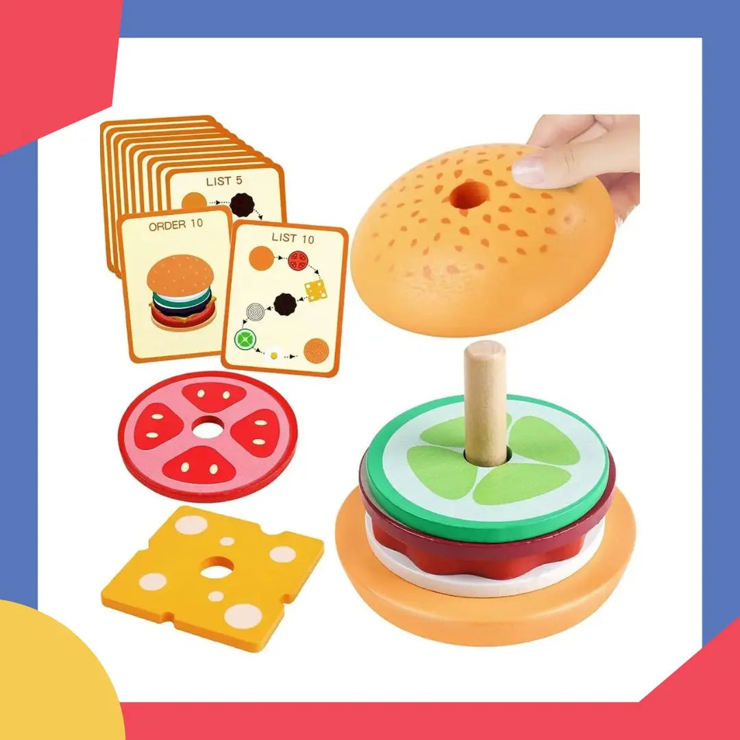 Pièces en bois d'un burger éducatif pour motricité fine
