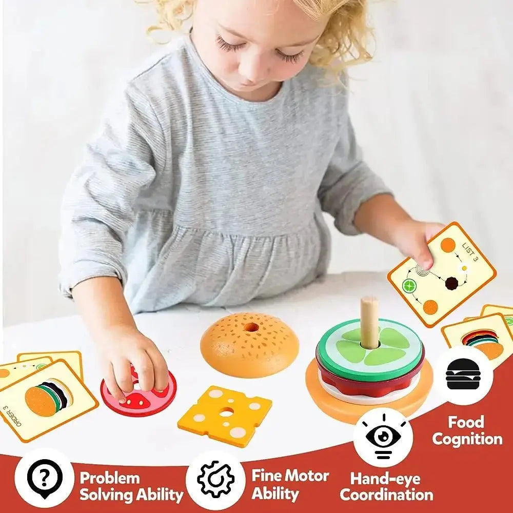 Jouet burger en bois avec ingrédients empilables pour enfants