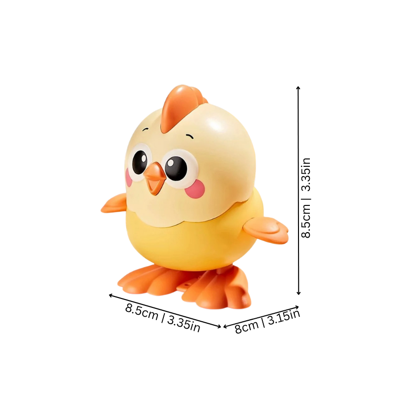 Vue de côté du jouet poule à remonter avec dimensions