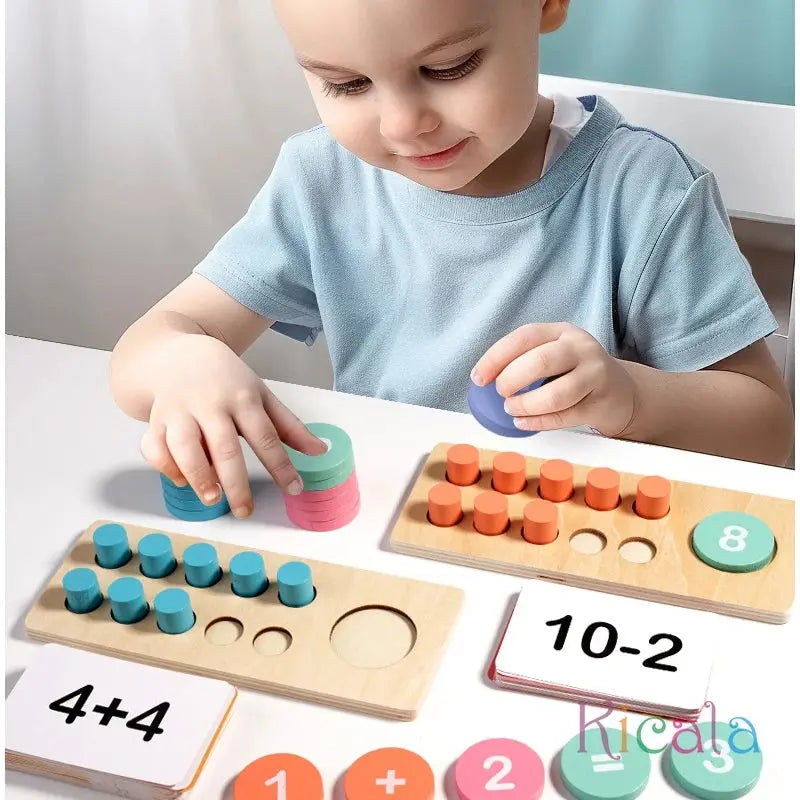 Ensemble de jouets mathématiques en bois avec chiffres et pions colorés