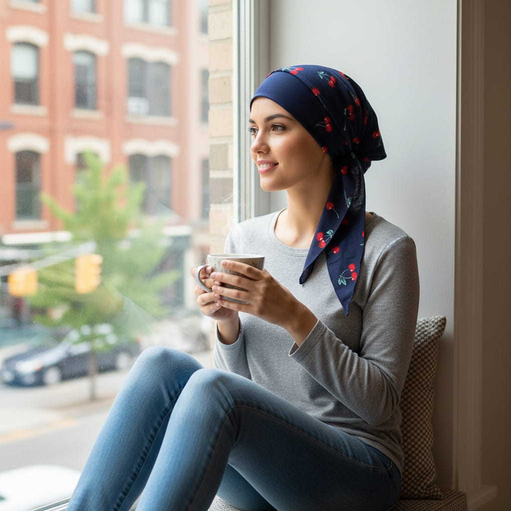 Vue rapprochée du foulard à motifs cerise sur fond bleu