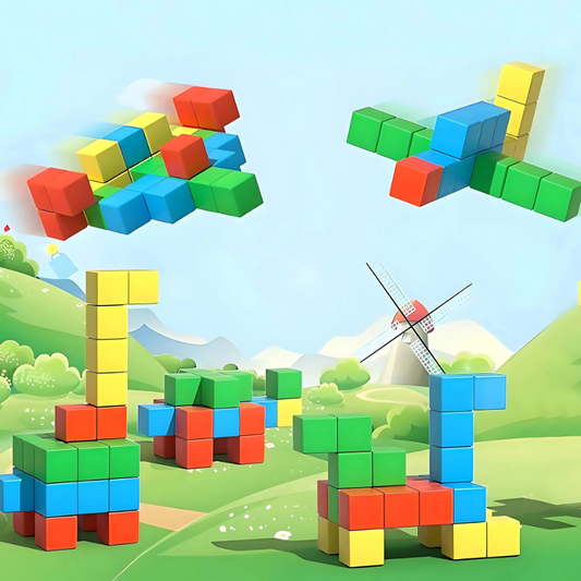 Enfant jouant avec des blocs magnétiques sur un tapis