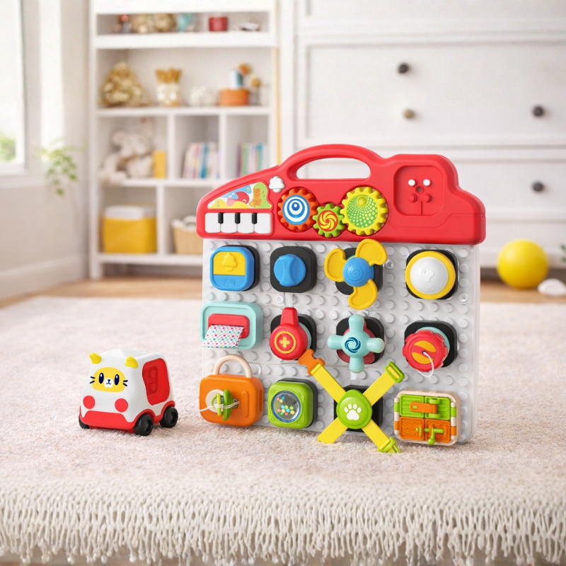 Enfant jouant avec le tableau Montessori, explorant les activités