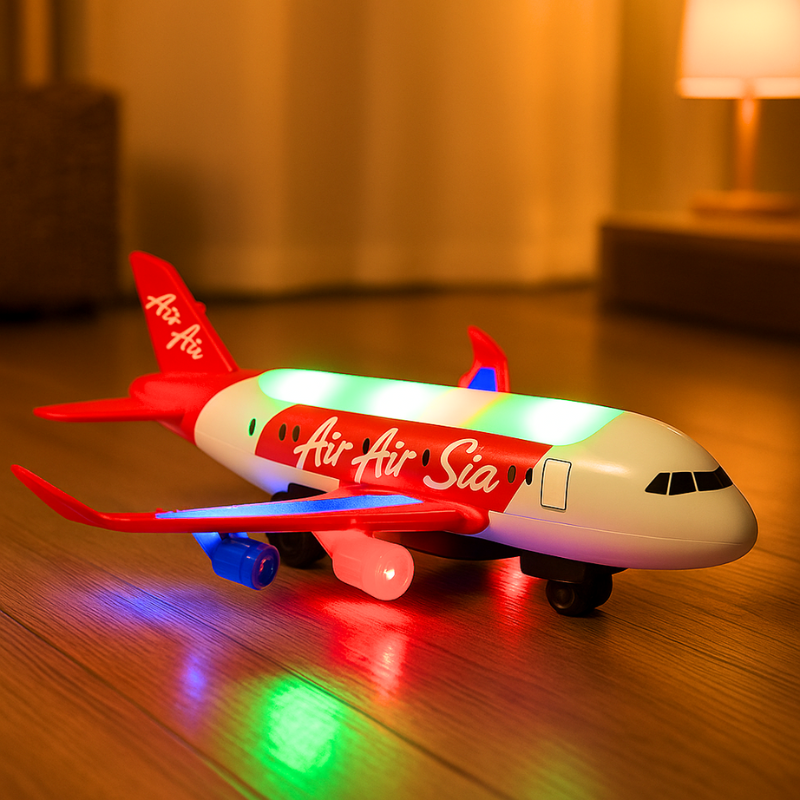 Enfant jouant avec un avion lumineux sur un tapis coloré