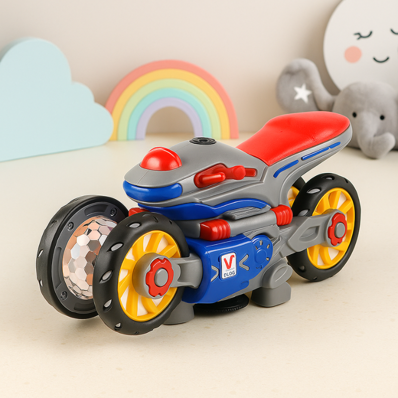 Vue de côté d'une moto pour enfants avec pneus adhérents
