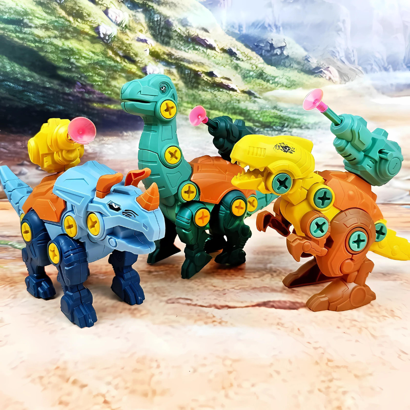 Enfant jouant avec un dinosaure construit, vue rapprochée