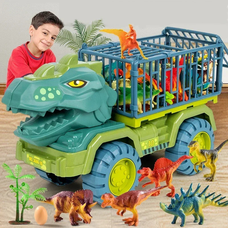Enfant jouant avec camion transporteur de dinosaures
