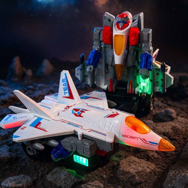 Enfant jouant avec avion lumineux sur sol