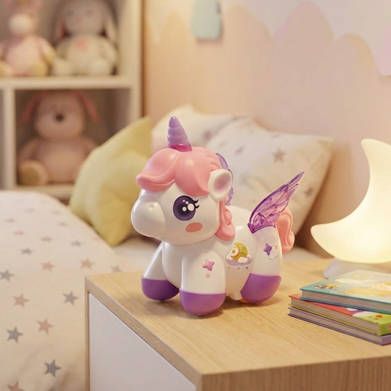 Robot licorne dansante en action avec effets lumineux et sonores