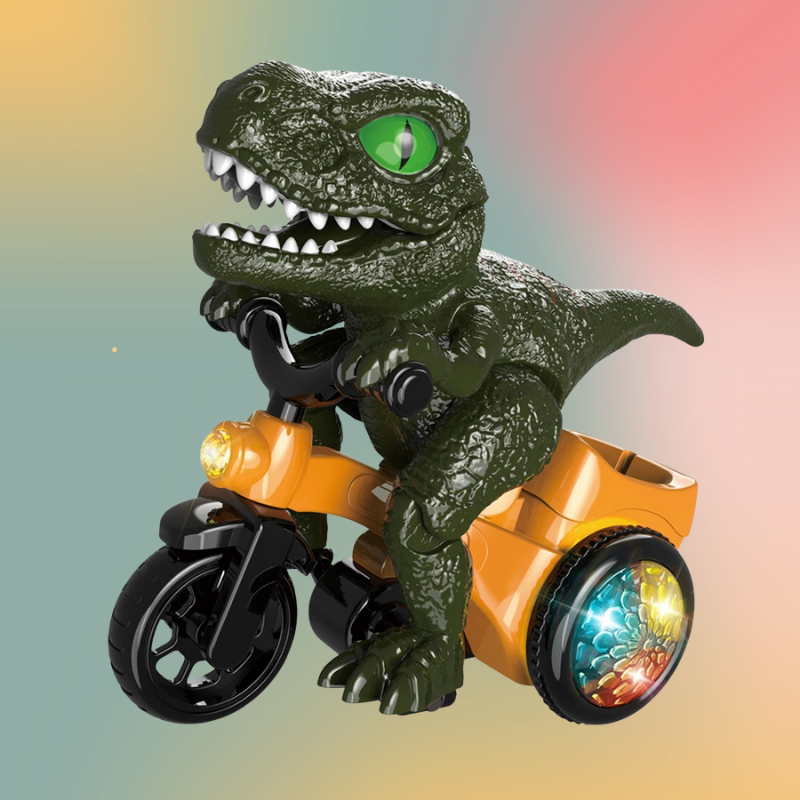Vue de face du tricycle Dino avec lumières allumées
