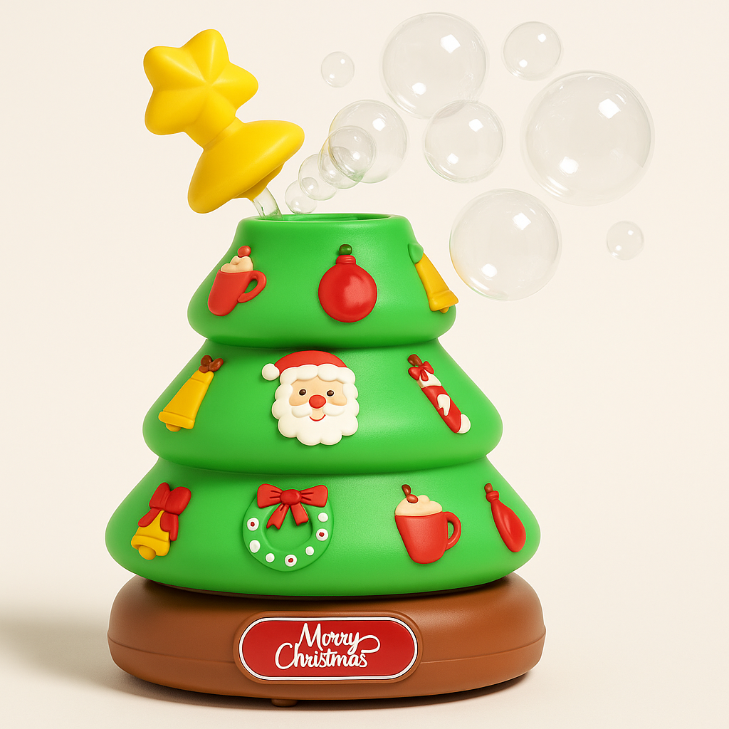 Vue d'ensemble d'un arbre de Noël musical illuminé avec bulles