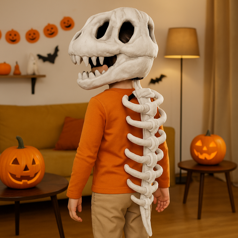 Enfant portant un costume de squelette de dinosaure en peluche