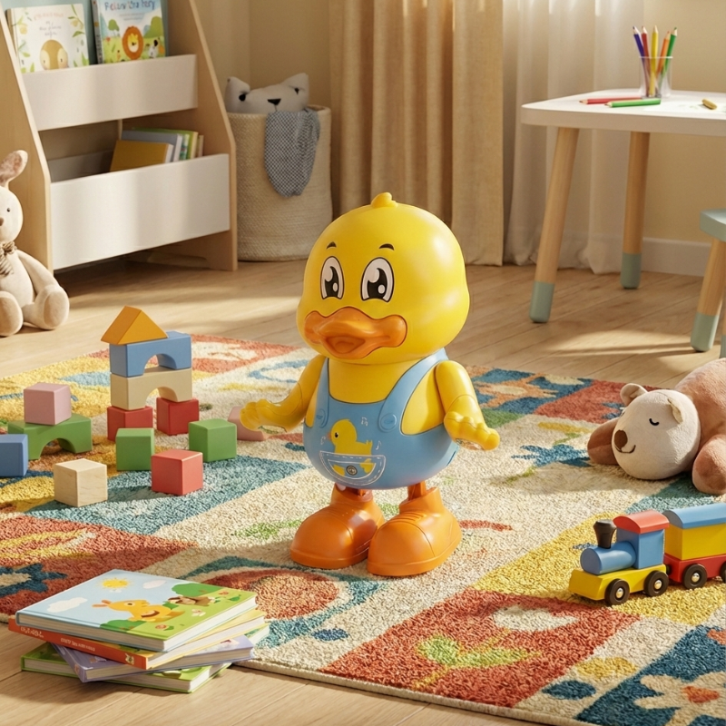Canard jouet dansant sur fond blanc avec effets lumineux