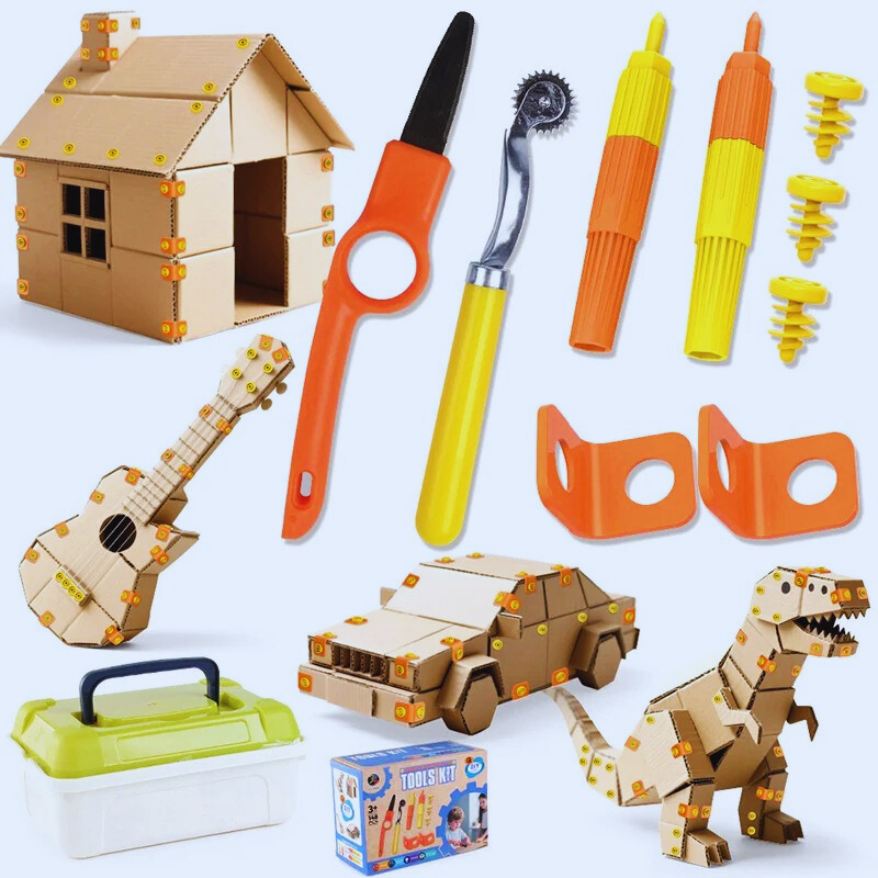 Vue d'ensemble du kit d'outils en carton avec pièces détachées