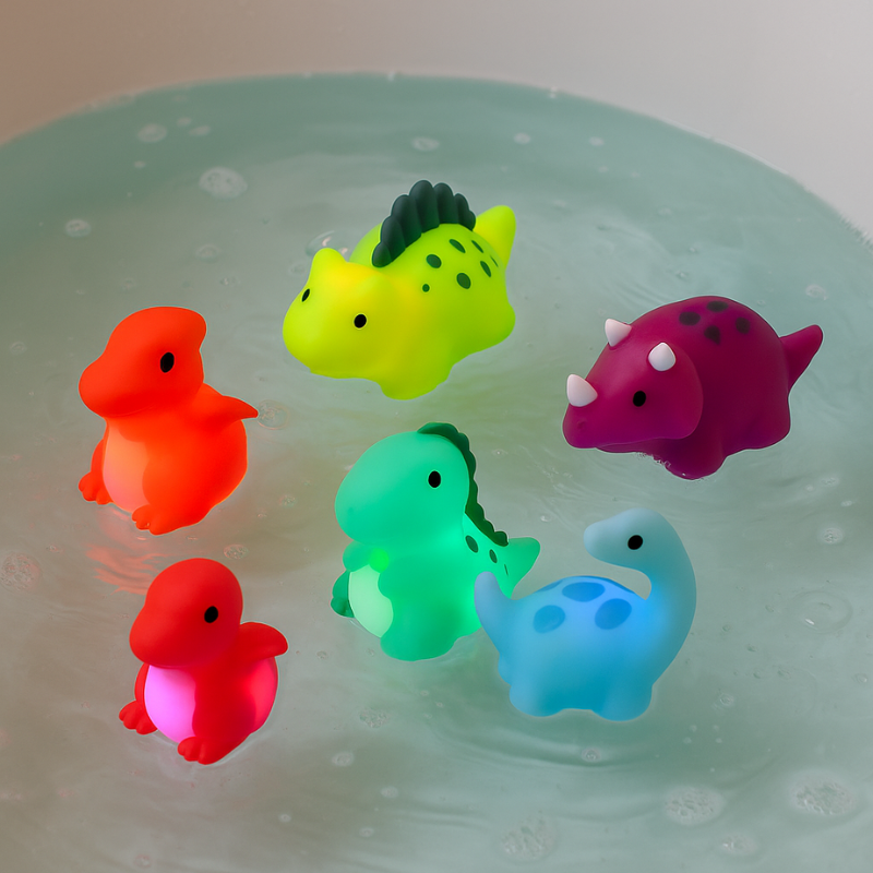 Main d'enfant tenant un dinosaure de bain lumineux