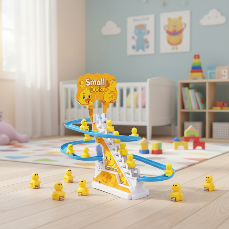 Enfant jouant avec le toboggan et les figurines de canard