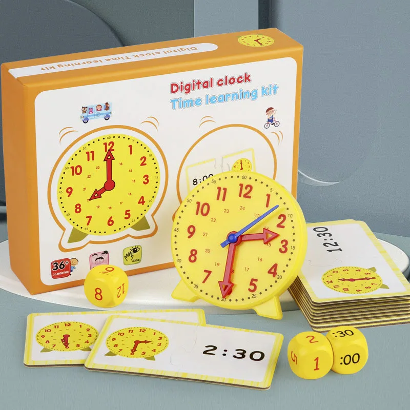 Vue d'ensemble du kit d'horloge Montessori pour enfants avec dés