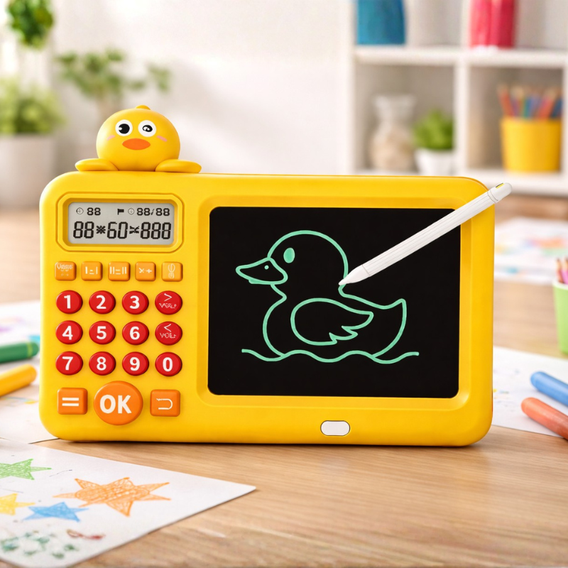Enfant utilisant une tablette LCD pour dessiner et calculer