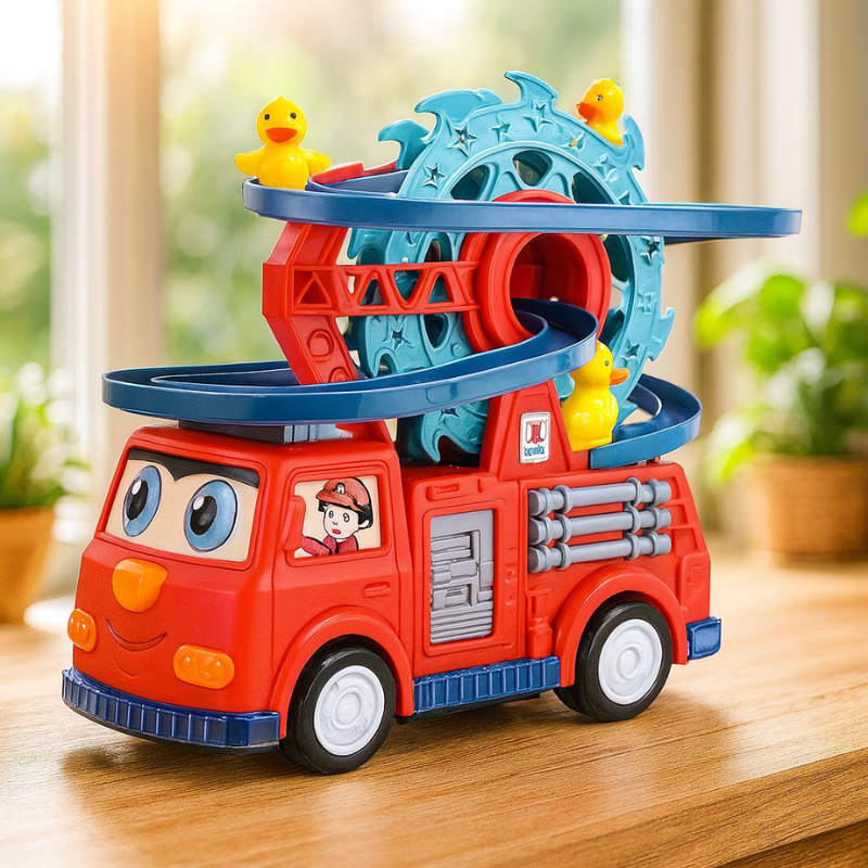 Vue latérale du camion de pompier jouet en plastique