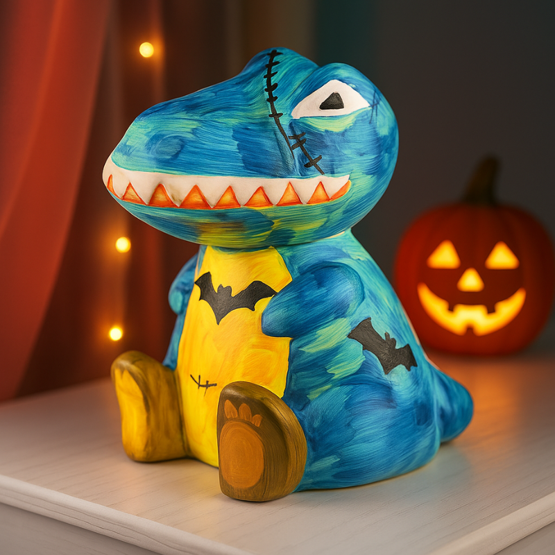Lampe dinosaure peinte, allumée dans une chambre d'enfant