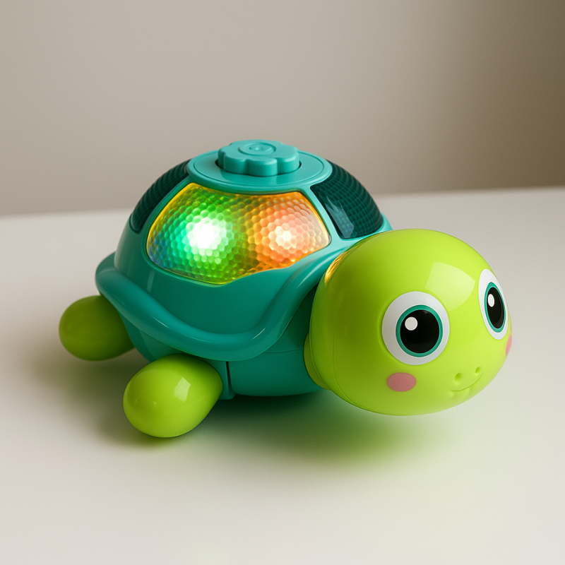 Enfant jouant avec une tortue musicale sur le sol