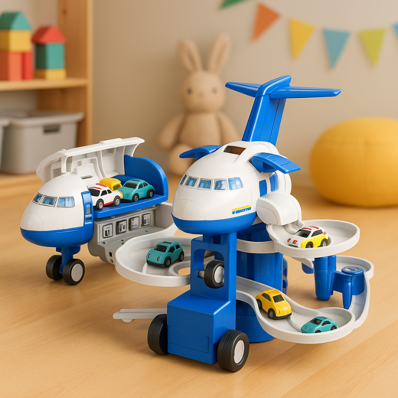 Avion transformé en circuit avec voitures miniatures et panneaux