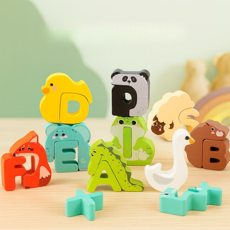 Enfant jouant avec des lettres en bois sur une table