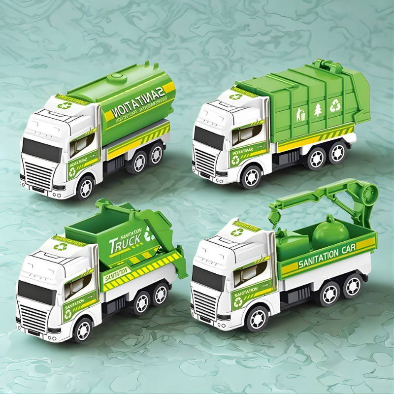 Ensemble de quatre camions de construction colorés sur fond blanc