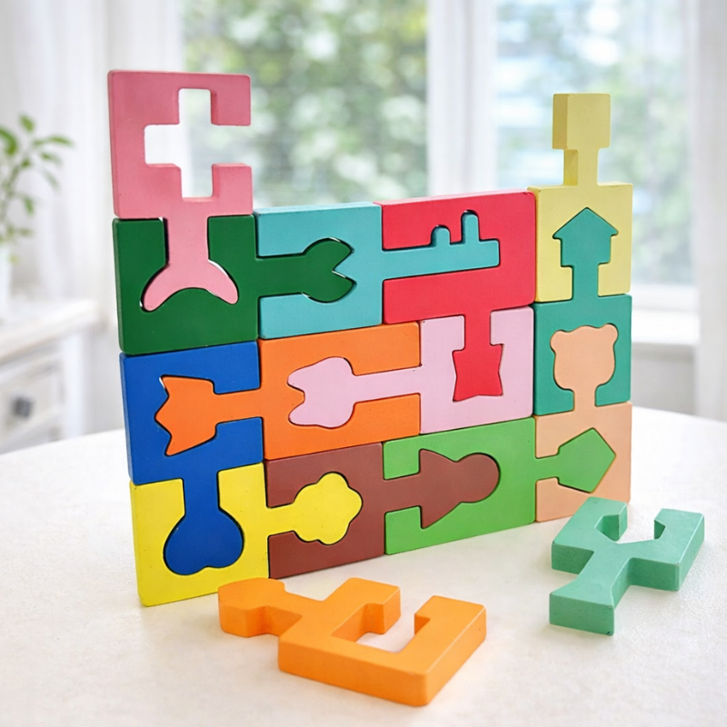 Enfant jouant avec un puzzle en bois sur une table