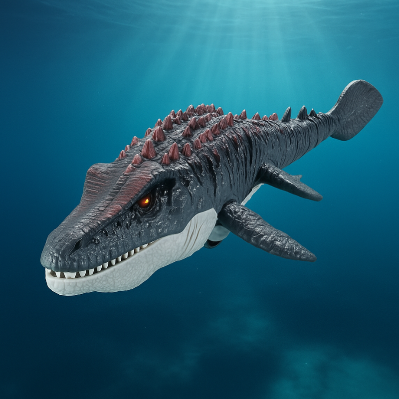 Enfant jouant avec un dinosaure télécommandé dans l'eau