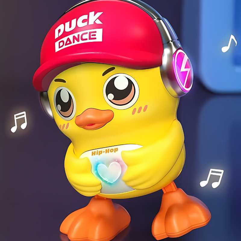 Jouet canard dansant sur fond blanc, lumières LED visibles