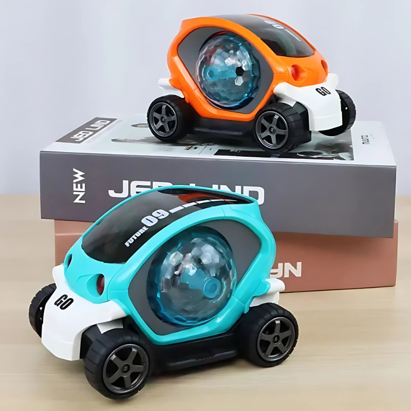 Enfant jouant avec voiture lumineuse sur sol intérieur