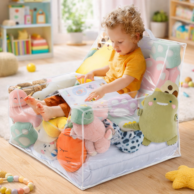 Chaise de rangement en PVC avec peluches visibles