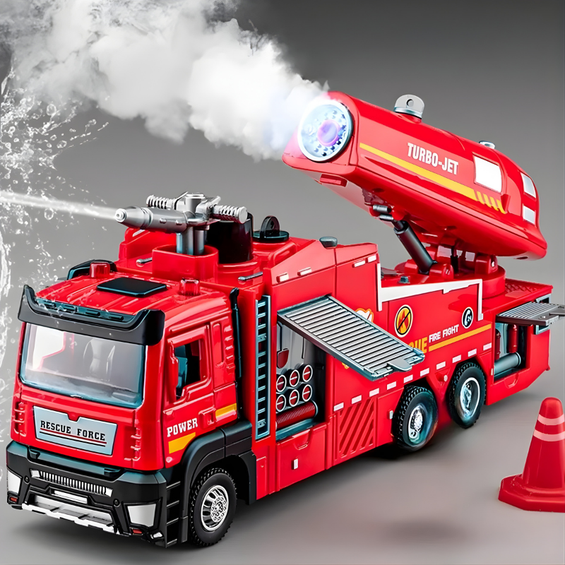 Enfant jouant avec un camion de pompier interactif en plastique