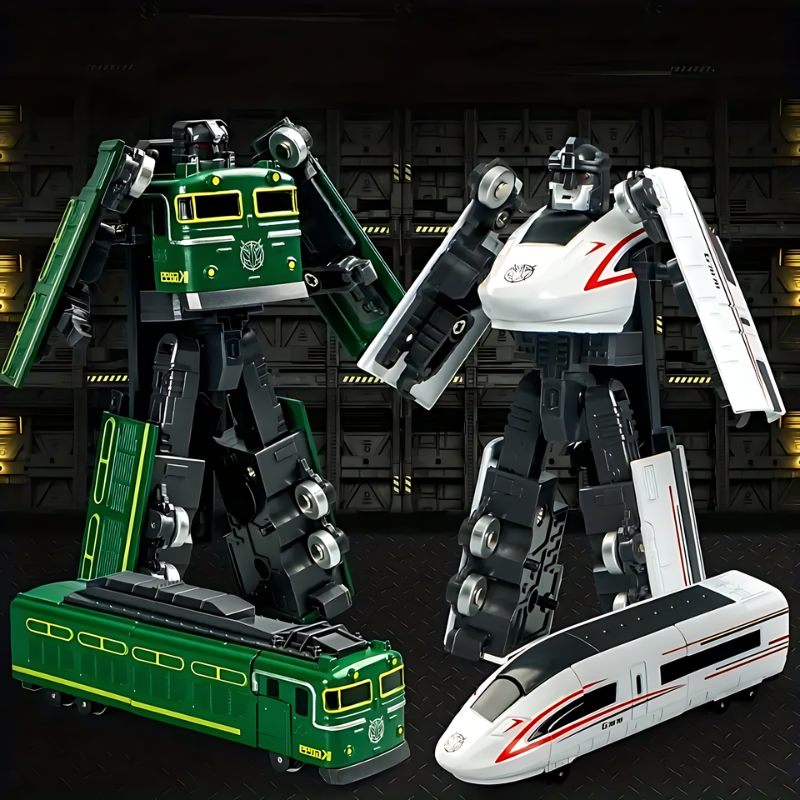 Enfant jouant avec un train transformable en robot