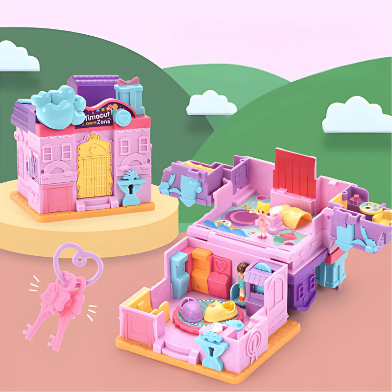 Maison de poupée interactive avec lumières allumées, vue d'ensemble