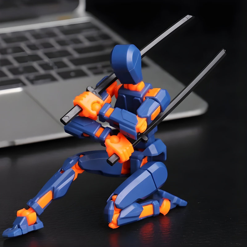 Vue de face d'une figurine articulée en position dynamique