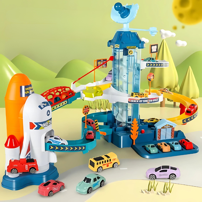 Enfant jouant avec une piste de course interactive